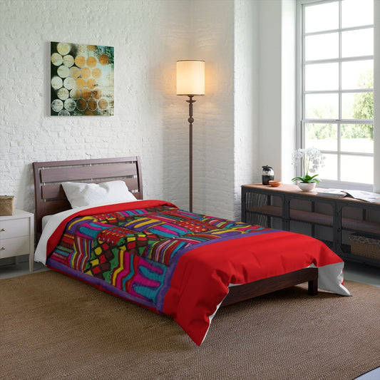 Comforter: Psychedelic Calendar(tm) - Vibrant - 68x88 - MiE Designs Shop. Thick bars of raspberry color above/below calendar. Bed