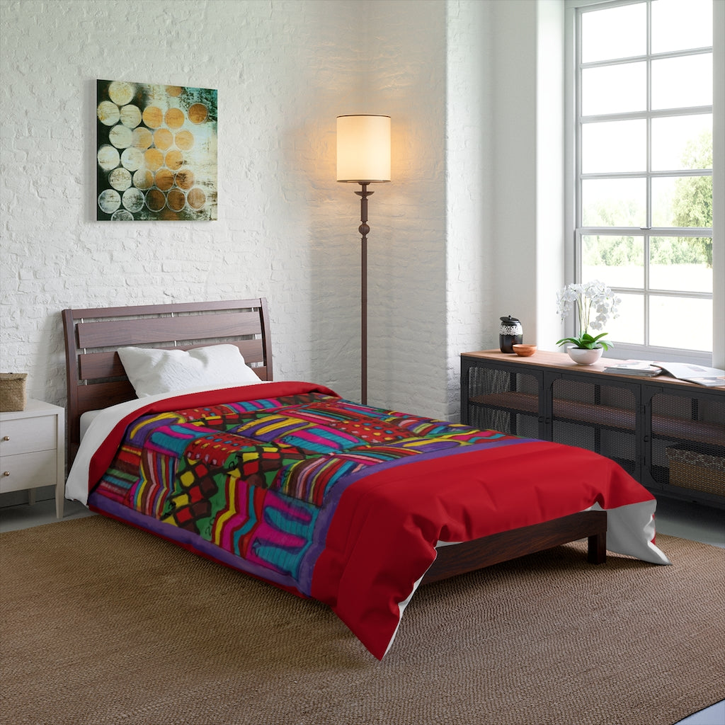 Comforter: Psychedelic Calendar(tm) - Vibrant - 68x88 - MiE Designs Shop. Thick bars of red above/below calendar. Bedroom