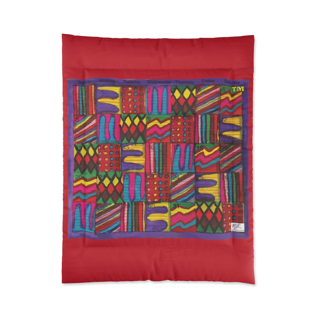 Comforter: Psychedelic Calendar(tm) - Vibrant - 68x88 - MiE Designs Shop. Thick bars of red above/below calendar. Flat