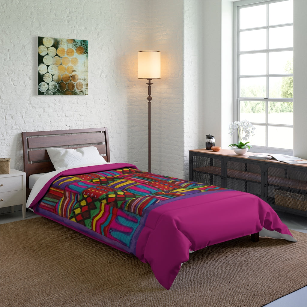 Comforter: Psychedelic Calendar(tm) - Vibrant - 68x92 - MiE Designs Shop. Thick bars dark pink above/below calendar. Bedroom