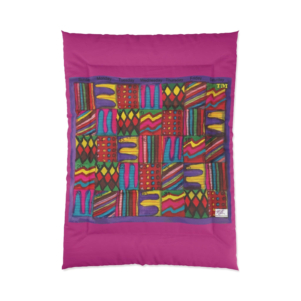 Comforter: Psychedelic Calendar(tm) - Vibrant - 68x92 - MiE Designs Shop.  Thick bars dark pink above/below calendar. Flat