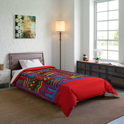Comforter: Psychedelic Calendar(tm) - Vibrant - 68x92 - MiE Designs Shop. Thick bars of raspberry color above/below calendar. Bed