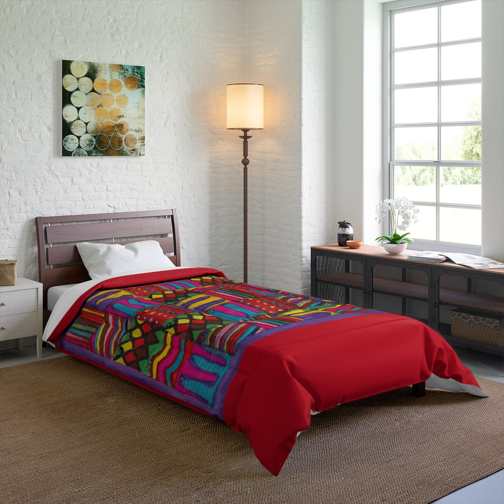 Comforter: Psychedelic Calendar(tm) - Vibrant - 68x92 - MiE Designs Shop. Thick bars of red above/below calendar. Bedroom
