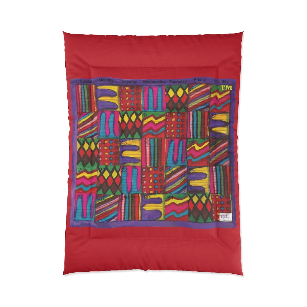 Comforter: Psychedelic Calendar(tm) - Vibrant - 68x92 - MiE Designs Shop. Thick bars of red above/below calendar. Flat