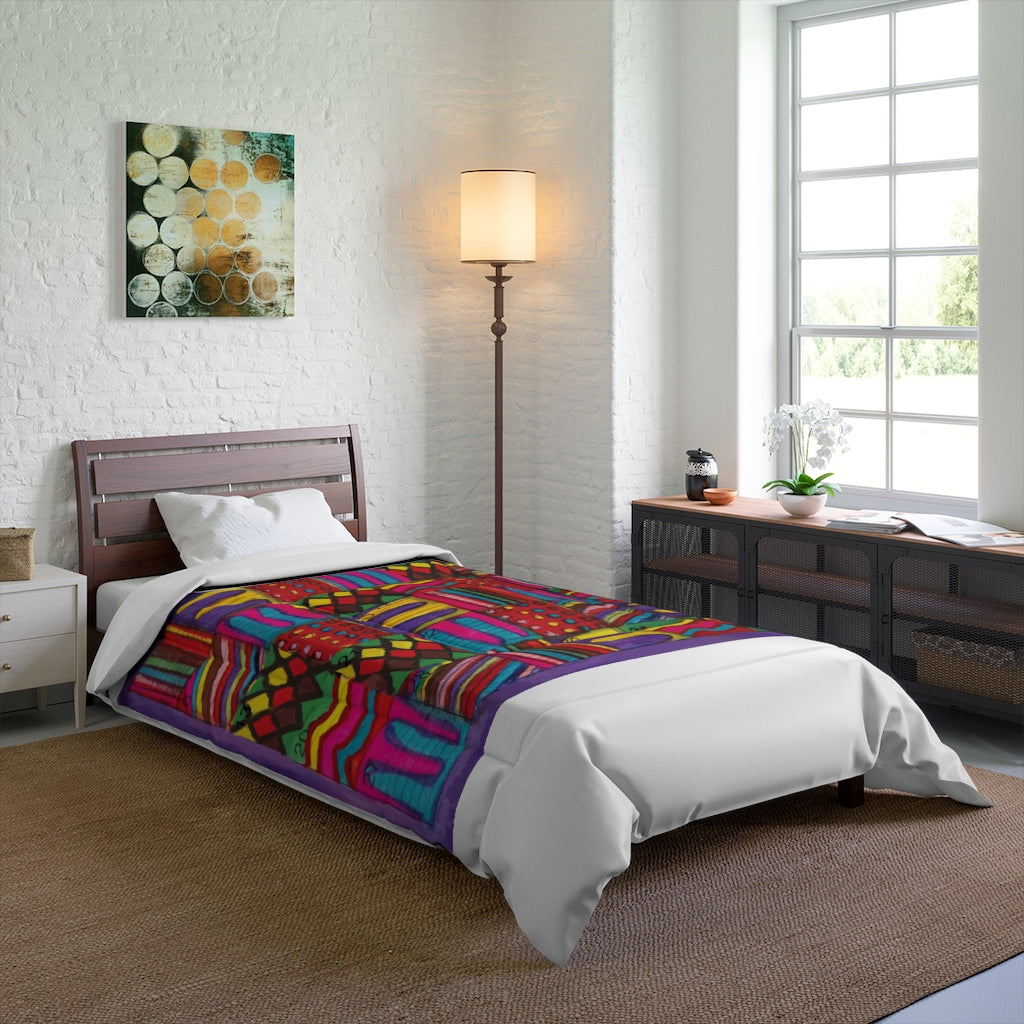 Comforter: Psychedelic Calendar(tm) - Vibrant - 68x92 - MiE Designs Shop. Thick bars of white above/below calendar. Bedroom