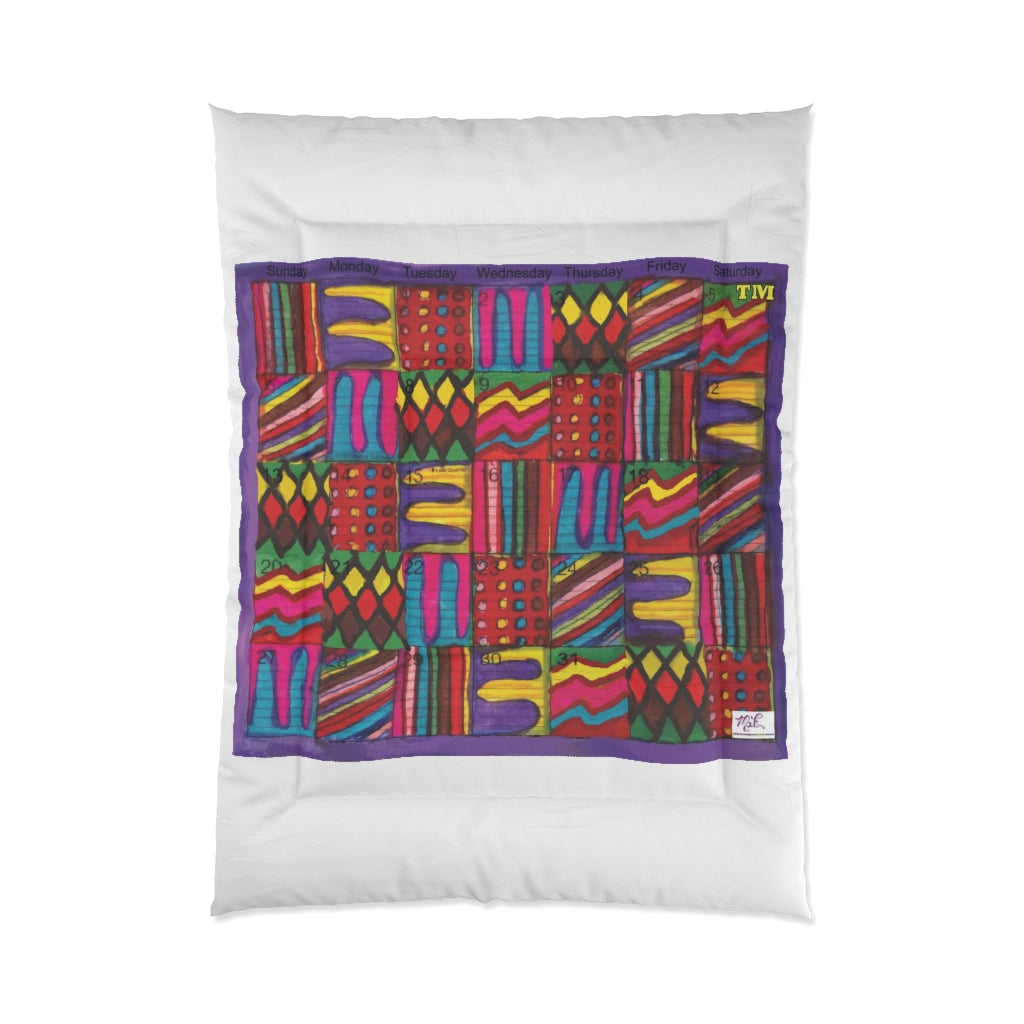 Comforter: Psychedelic Calendar(tm) - Vibrant - 68x92 - MiE Designs Shop. Thick bars of white above/below calendar. Flat