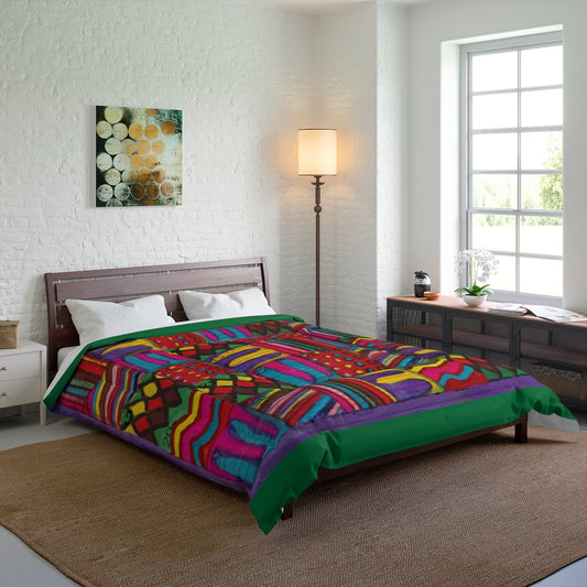 Comforter: Psychedelic Calendar(tm) - Vibrant - 88x88 - MiE Designs Shop. Thin bars of dark green above/below calendar. Bedroom