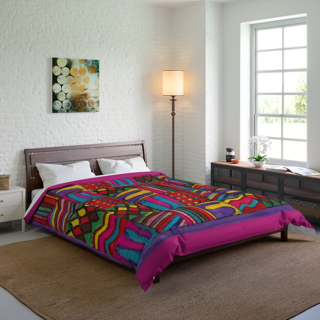 Comforter: Psychedelic Calendar(tm) - Vibrant - 88x88 - MiE Designs Shop. Thin bars of dark pink above/below calendar. Bedroom