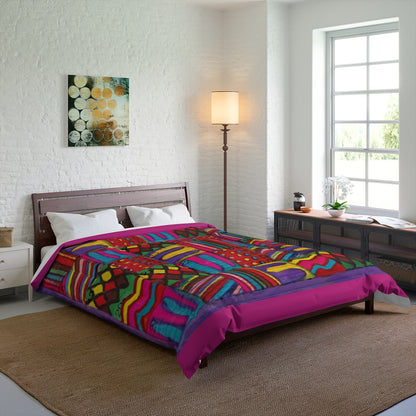 Comforter: Psychedelic Calendar(tm) - Vibrant - 88x88 - MiE Designs Shop. Thin bars of dark pink above/below calendar. Bedroom