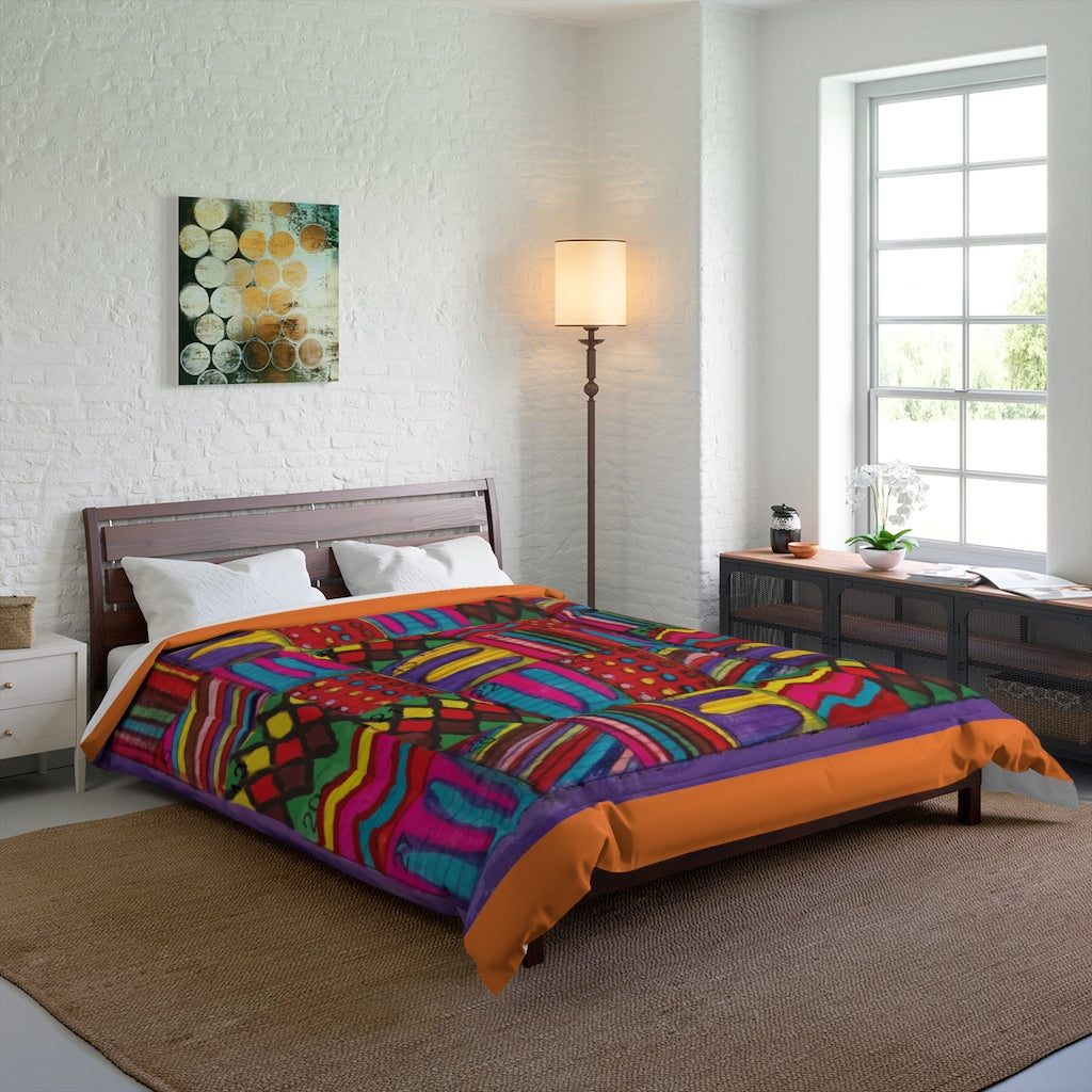 Comforter: Psychedelic Calendar(tm) - Vibrant - 88x88 - MiE Designs Shop. Thin bars of orange above/below calendar. Bedroom