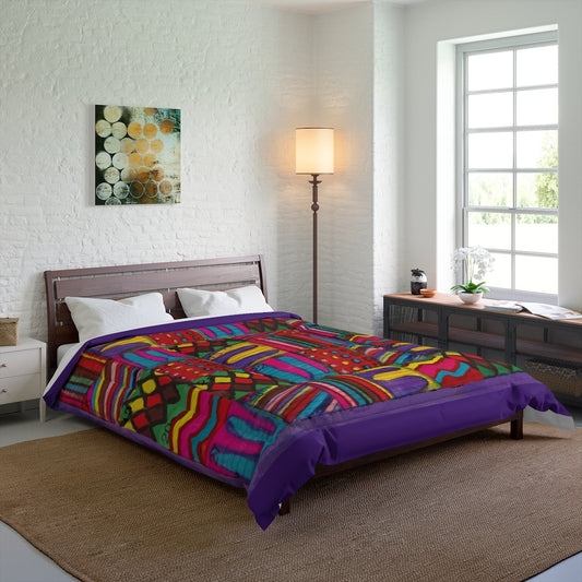 Comforter: Psychedelic Calendar(tm) - Vibrant - 88x88 - MiE Designs Shop. Thin bars of purple above/below calendar. Bedroom