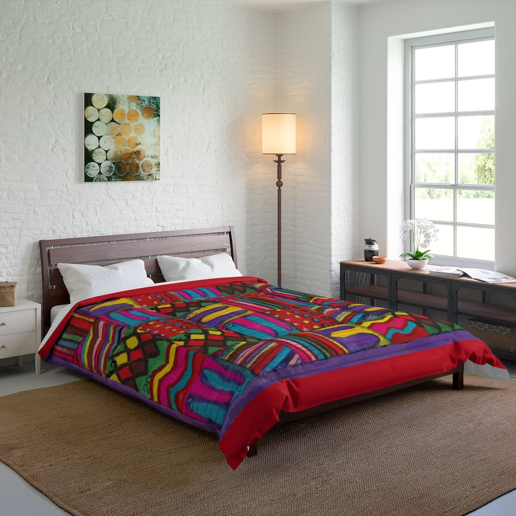 Comforter: Psychedelic Calendar(tm) - Vibrant - 88x88 - MiE Designs Shop. Thin bars of red above/below calendar. Bedroom