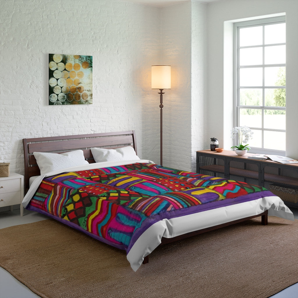 Comforter: Psychedelic Calendar(tm) - Vibrant - 88x88 - MiE Designs Shop. Thin bars of white above/below calendar. Bedroom