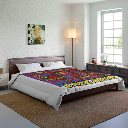 Comforter 104x88: Psychedelic Calendar(tm) - Dark Colors - Glitter Text - MiE Designs Shop. Surrounded by slim bright white all around the dark alternating daily mazes of the Psychedelic Calendar(tm), itself five muticolor "bands" will enliven any bedroom. "Psychedelic" in glittering letters above, "CALENDAR" illuminating below.