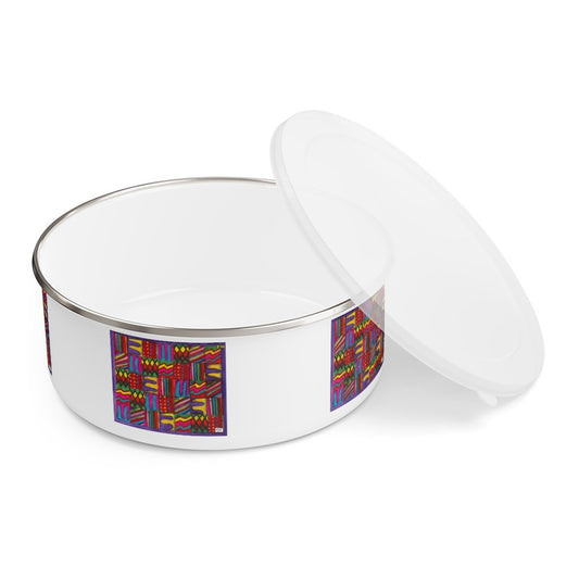 Enamel Bowl 30oz:  Psychedelic Calendar(tm) - Dark Colors - No Text - MiE Designs Shop. Multicolor patterns alternated throughout a monthly calendar form dark colorful mazes against stark white, five prints spaced evenly around the bowl.