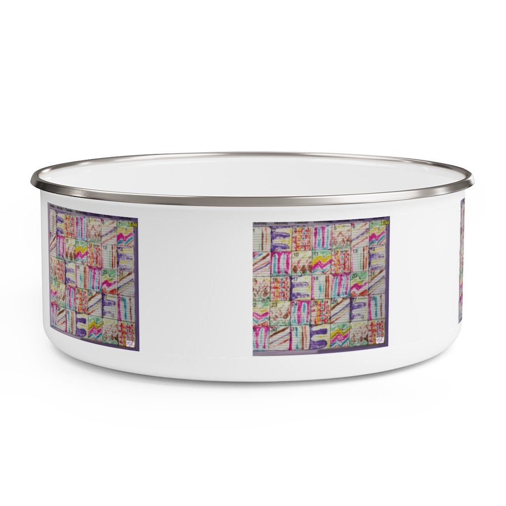 Enamel Bowl 30oz:  Psychedelic Calendar(tm) - Pastels - No Text - MiE Designs Shop. Multicolor patterns alternated throughout a monthly calendar form colorful pastel mazes against stark white, five prints spaced evenly around the bowl.