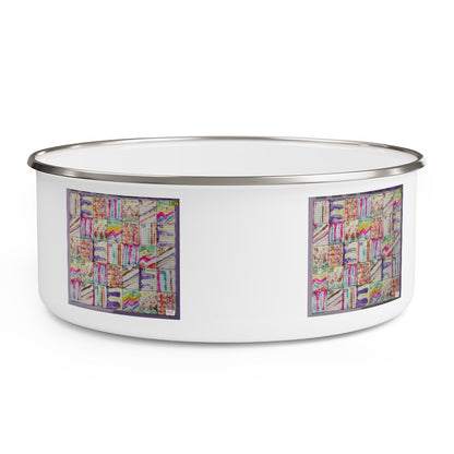 Enamel Bowl 30oz:  Psychedelic Calendar(tm) - Pastels - No Text - MiE Designs Shop. Multicolor patterns alternated throughout a monthly calendar form colorful pastel mazes against stark white, five prints spaced evenly around the bowl.