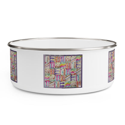 Enamel Bowl 30oz:  Psychedelic Calendar(tm) - Pastels - No Text - MiE Designs Shop. Multicolor patterns alternated throughout a monthly calendar form colorful pastel mazes against stark white, five prints spaced evenly around the bowl.