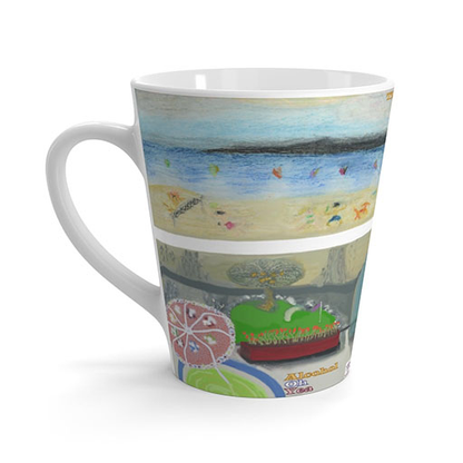 Latte Mugs: Alcohol Oh Yea(tm) - Beach Scene – Balcony. Unseen drinker, margarita w/umbrella, putting green, windswept beach. Muted letters. Left view