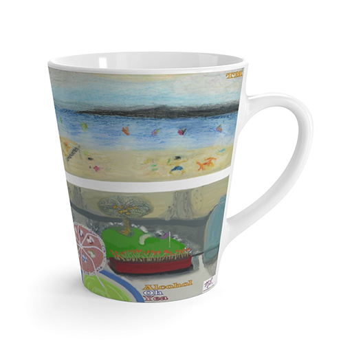 Latte Mugs: Alcohol Oh Yea(tm) - Beach Scene – Balcony. Unseen drinker, margarita w/umbrella, putting green, windswept beach. Muted letters. Right view