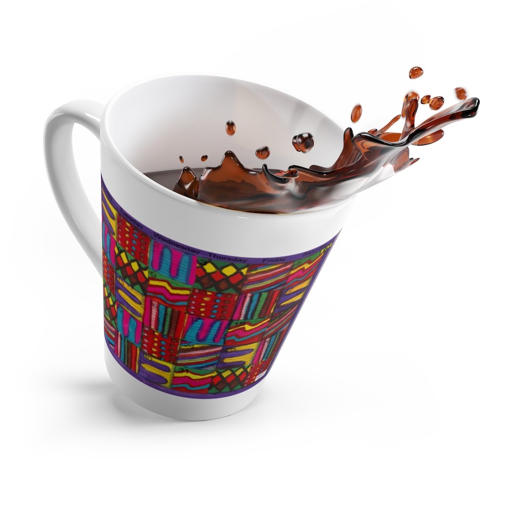 Latte mug 12oz: "Psychedelic Calendar(tm)" - Vibrant/Seeped - No Text - MiE Designs Shop. Contrasted, alternating mazes inside days, two calendar images, one dark, other light.