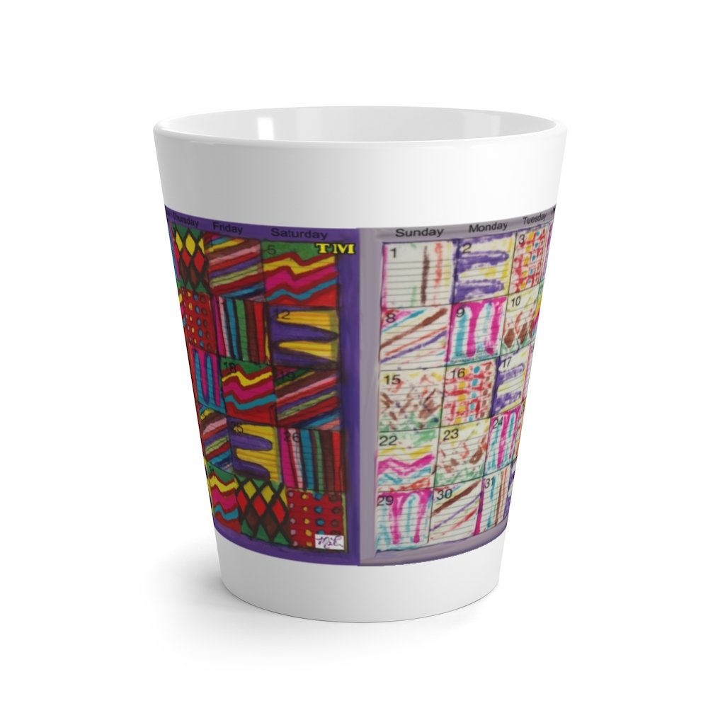 Latte mug 12oz: "Psychedelic Calendar(tm)" - Vibrant/Seeped - No Text - MiE Designs Shop. Contrasted, alternating mazes inside days, two calendar images, one dark, other light.