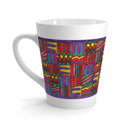 Latte mug 12oz: "Psychedelic Calendar(tm)" - Vibrant/Seeped - No Text - MiE Designs Shop. Contrasted, alternating mazes inside days, two calendar images, one dark, other light.