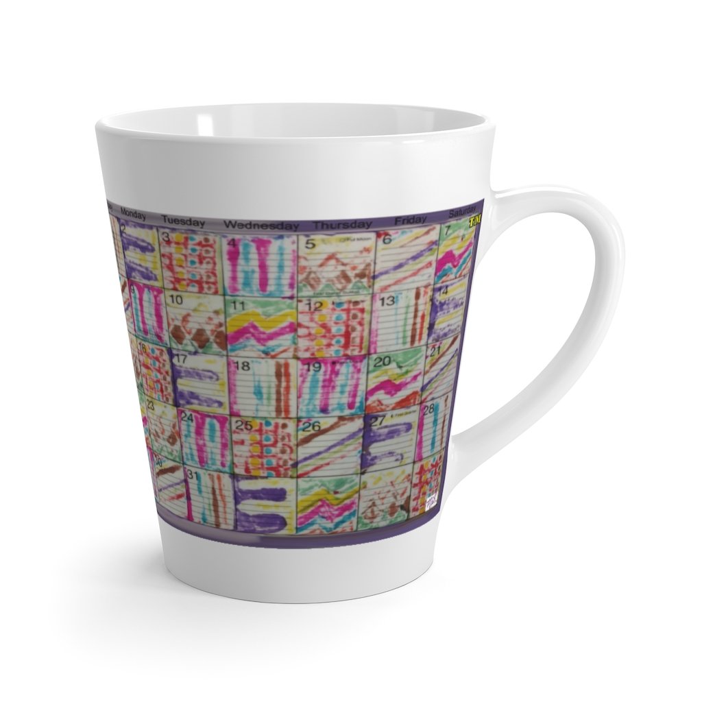 Latte mug 12oz: "Psychedelic Calendar(tm)" - Vibrant/Seeped - No Text - MiE Designs Shop. Contrasted, alternating mazes inside days, two calendar images, one dark, other light.