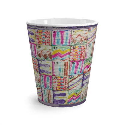 Latte mug 12oz: "Psychedelic Calendar(tm)" - Seeped - No Text - MiE Designs Shop. Contrasted, alternating mazes inside days, one calendar image, white on either side.