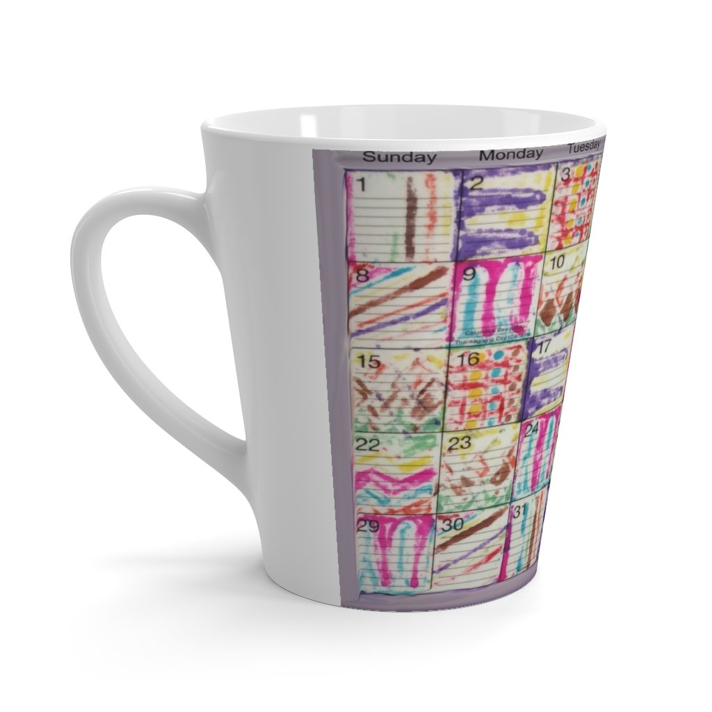 Latte mug 12oz: "Psychedelic Calendar(tm)" - Seeped - No Text - MiE Designs Shop. Contrasted, alternating mazes inside days, one calendar image, white on either side.