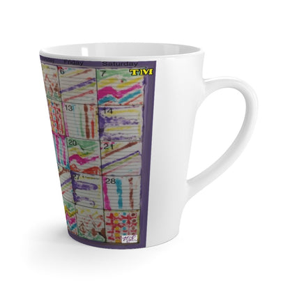 Latte mug 12oz: "Psychedelic Calendar(tm)" - Seeped - No Text - MiE Designs Shop. Contrasted, alternating mazes inside days, one calendar image, white on either side.