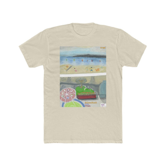 Mens Cotton Crew Tee: Alcohol Oh Yea(tm) - MiE Designs Shop. Unseen drinker on balcony views putting green and beach below. Cream