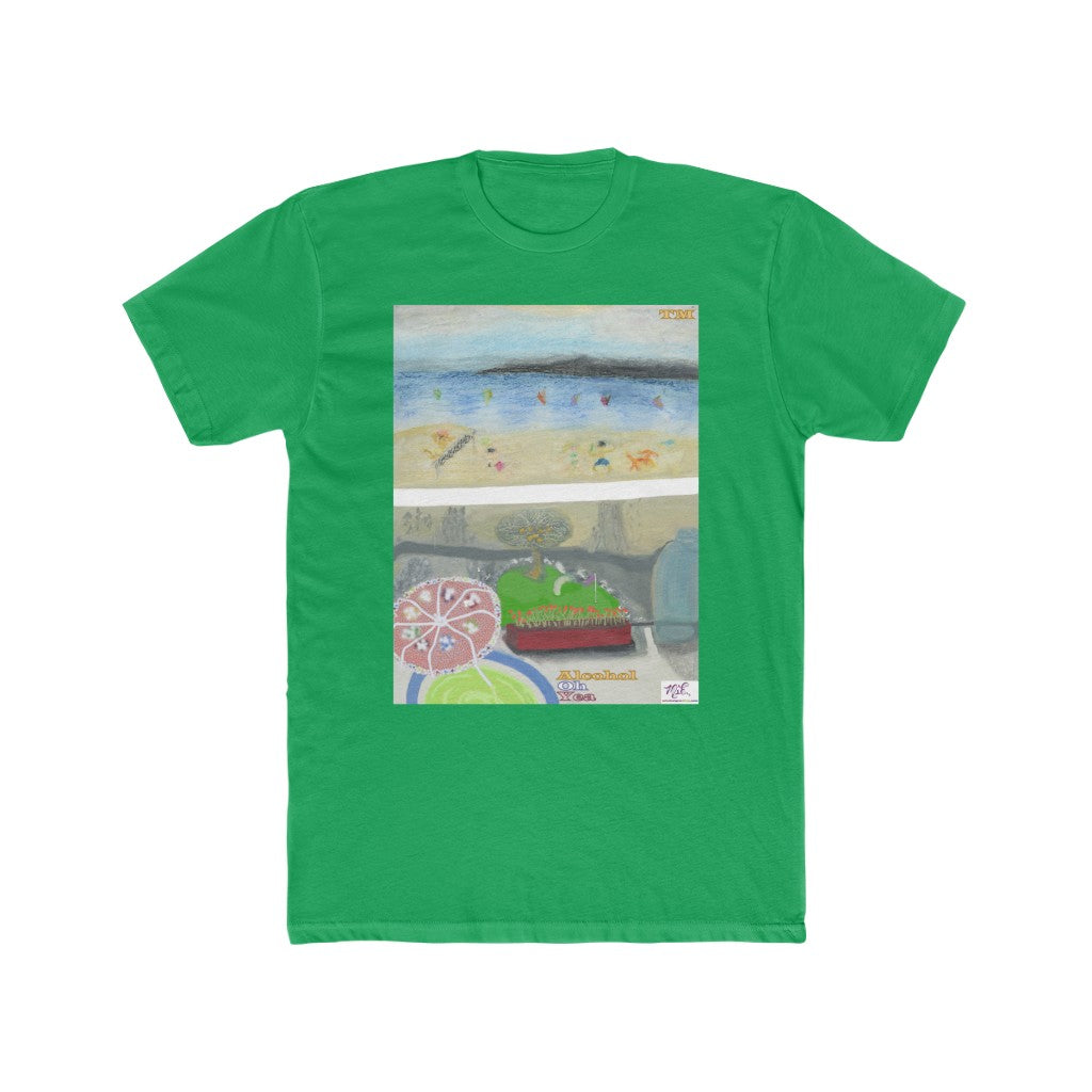 Mens Cotton Crew Tee: Alcohol Oh Yea(tm) - MiE Designs Shop. Unseen drinker on balcony views putting green and beach below. Kelly Green