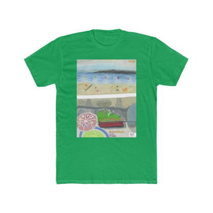 Mens Cotton Crew Tee: Alcohol Oh Yea(tm) - MiE Designs Shop. Unseen drinker on balcony views putting green and beach below. Kelly Green