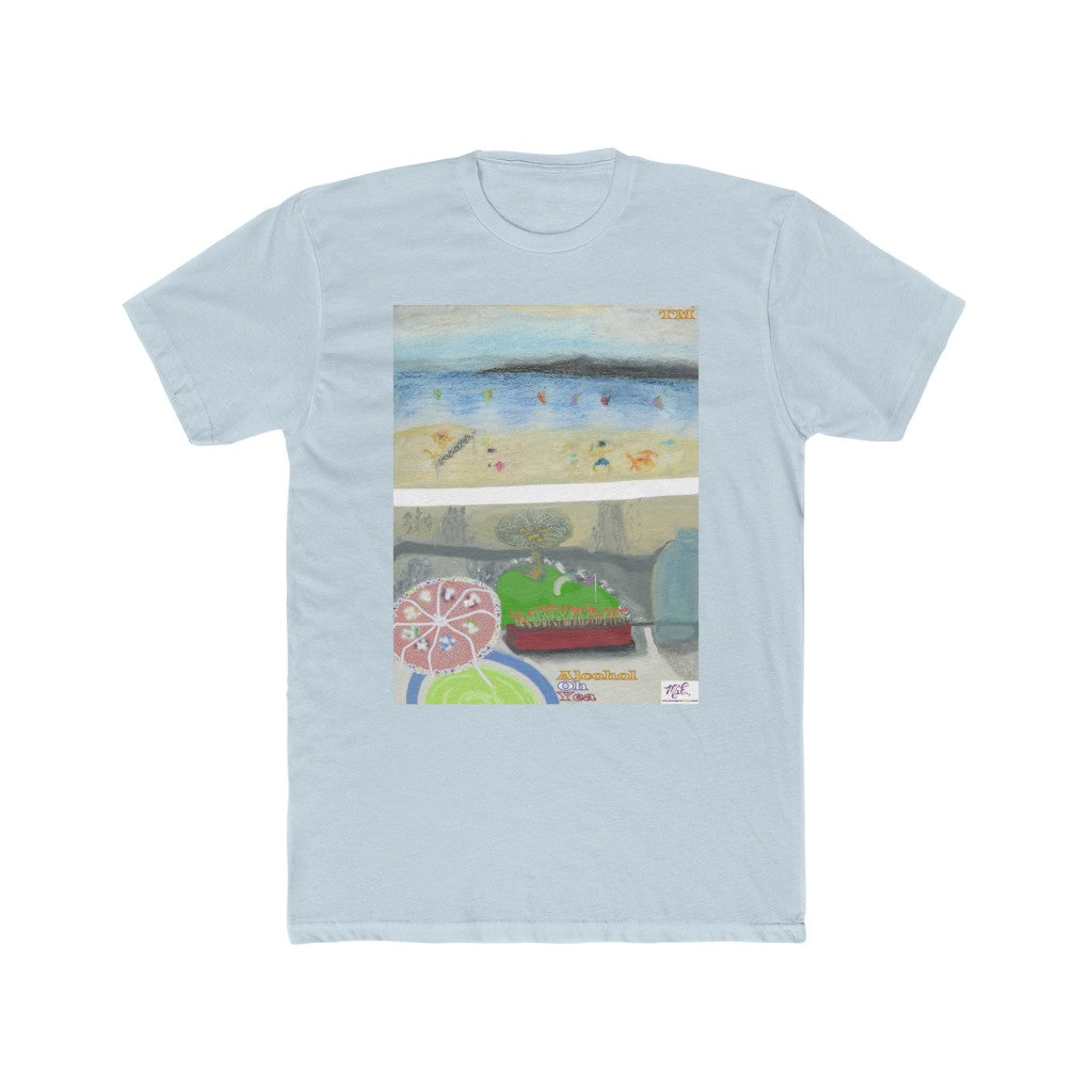 Mens Cotton Crew Tee: Alcohol Oh Yea(tm) - MiE Designs Shop. Unseen drinker on balcony views putting green and beach below. Light Blue