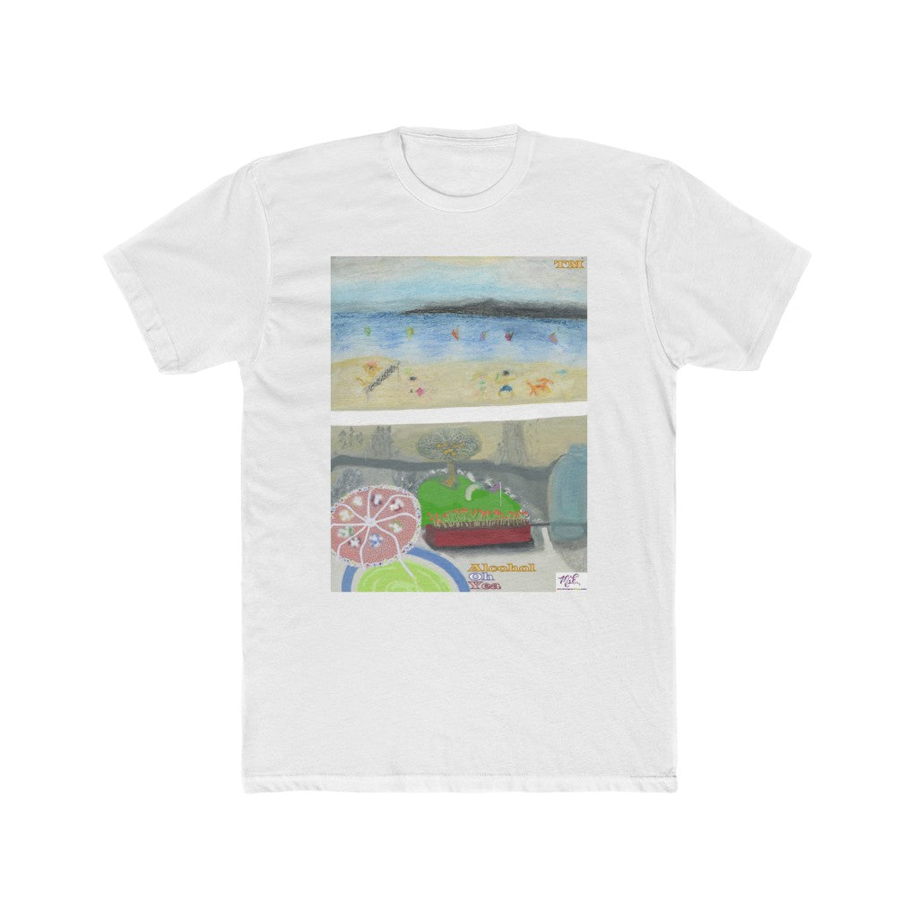 Mens Cotton Crew Tee: Alcohol Oh Yea(tm) - MiE Designs Shop. Unseen drinker on balcony views putting green and beach below. White