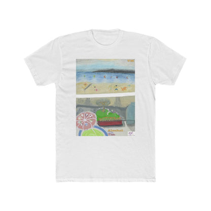 Mens Cotton Crew Tee: Alcohol Oh Yea(tm) - MiE Designs Shop. Unseen drinker on balcony views putting green and beach below. White