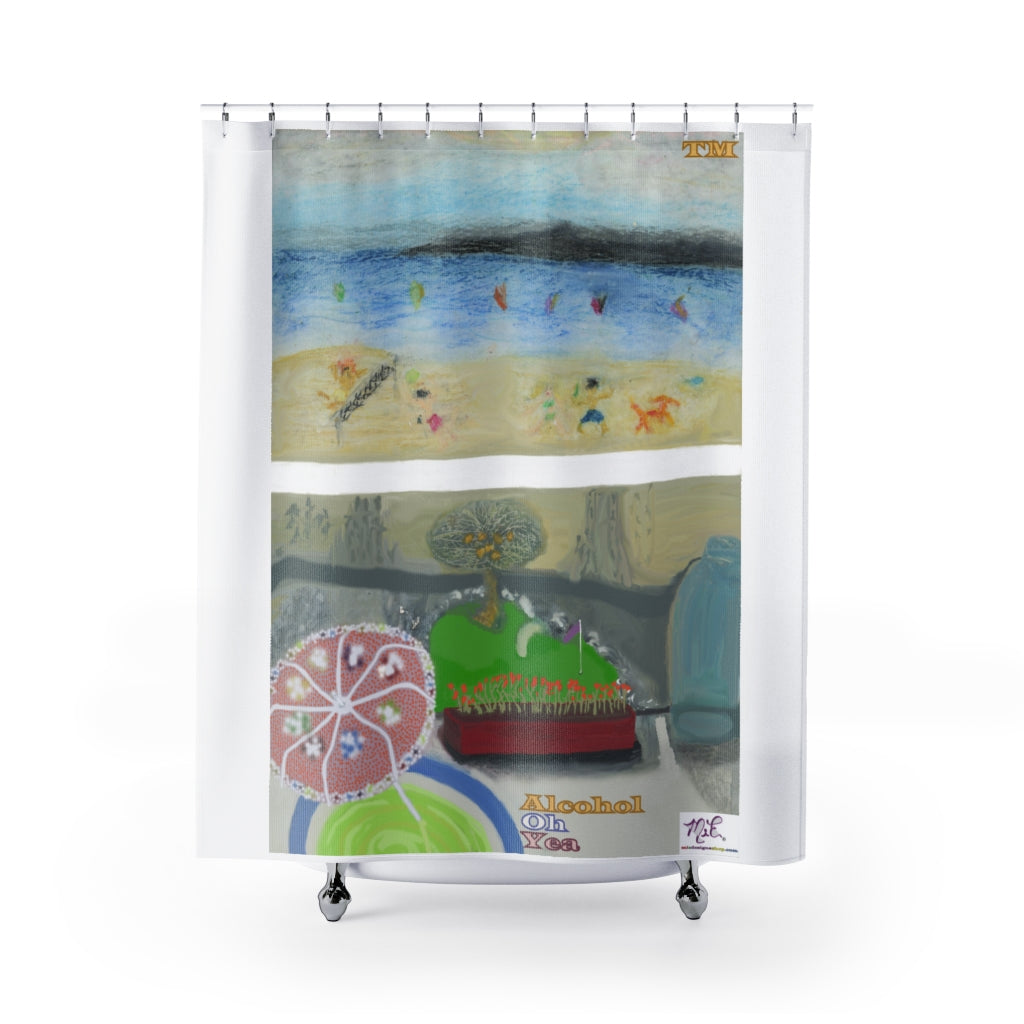 Shower Curtains: Alcohol Oh Yea(tm) - MiE Designs Shop. Unseen drinker on balcony views putting green and beach below.