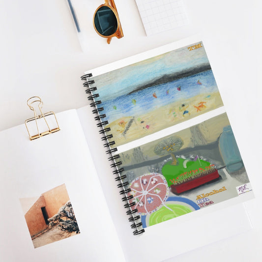 Spiral Notebook - Ruled Line: Alcohol Oh Yea (tm) - MiE Designs Shop. Beach scene gazed at from balcony, umbrella drink in hand.