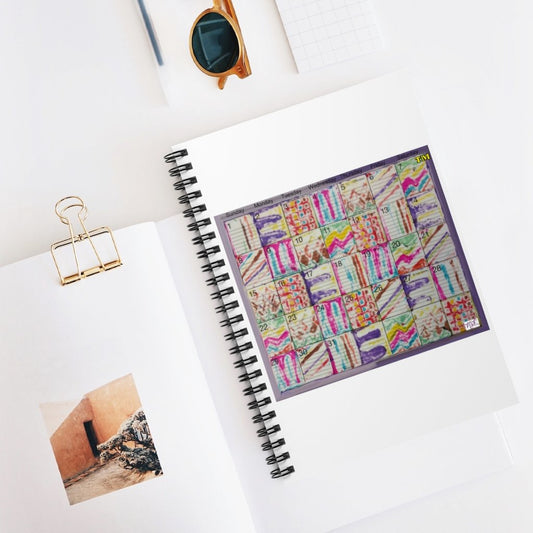 Spiral Notebook - Ruled Line: Psychedelic Calendar(tm) - Spring - MiE Designs Shop. Days of a monthly calendar feature "bleed through" colors of the 7 alternating patterns.