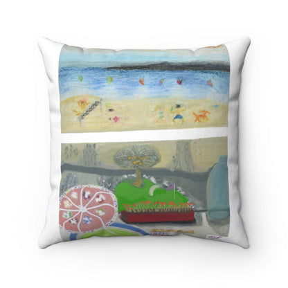 Spun Polyester Square Pillow Case: Alcohol Oh Yea(tm) - MiE Designs Shop. Unseen drinker on balcony views putting green and beach below.