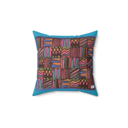 Spun Polyester Square PillowCase: Psychedelic Calendar(tm) - Muted - Doublesided - MiE Designs Shop. Multicolor drawings fill calendar days. Turquoise border.