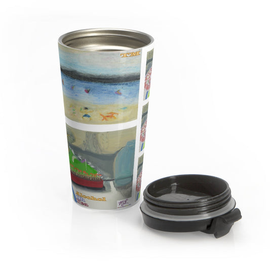 Stainless Steel Travel Mug: Alcohol Oh Yea(tm) - MiE Designs Shop. Unseen drinker on balcony views putting green and beach below.