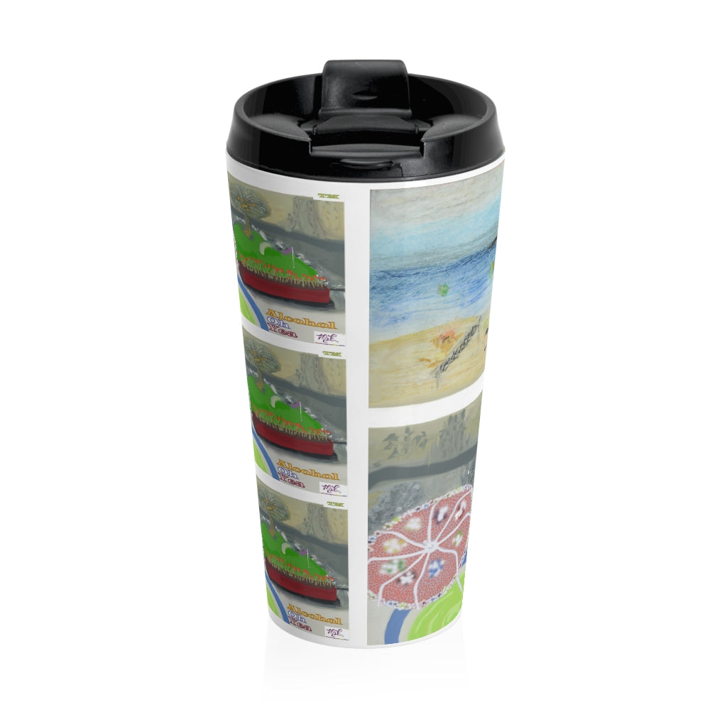 Stainless Steel Travel Mug: Alcohol Oh Yea(tm) - MiE Designs Shop. Unseen drinker on balcony views putting green and beach below.