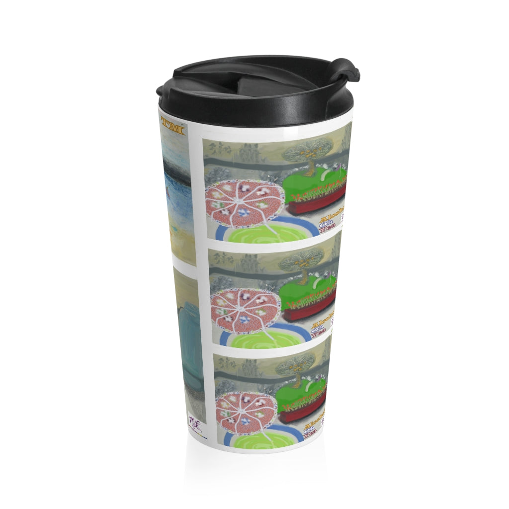 Stainless Steel Travel Mug: Alcohol Oh Yea(tm) - MiE Designs Shop. Unseen drinker on balcony views putting green and beach below.