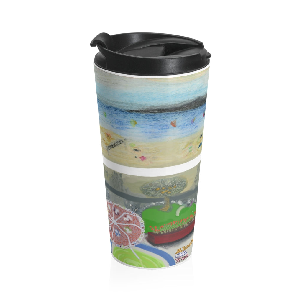 Stainless Steel Travel Mug: Alcohol Oh Yea(tm) - MiE Designs Shop. Unseen drinker on balcony views putting green and beach below.