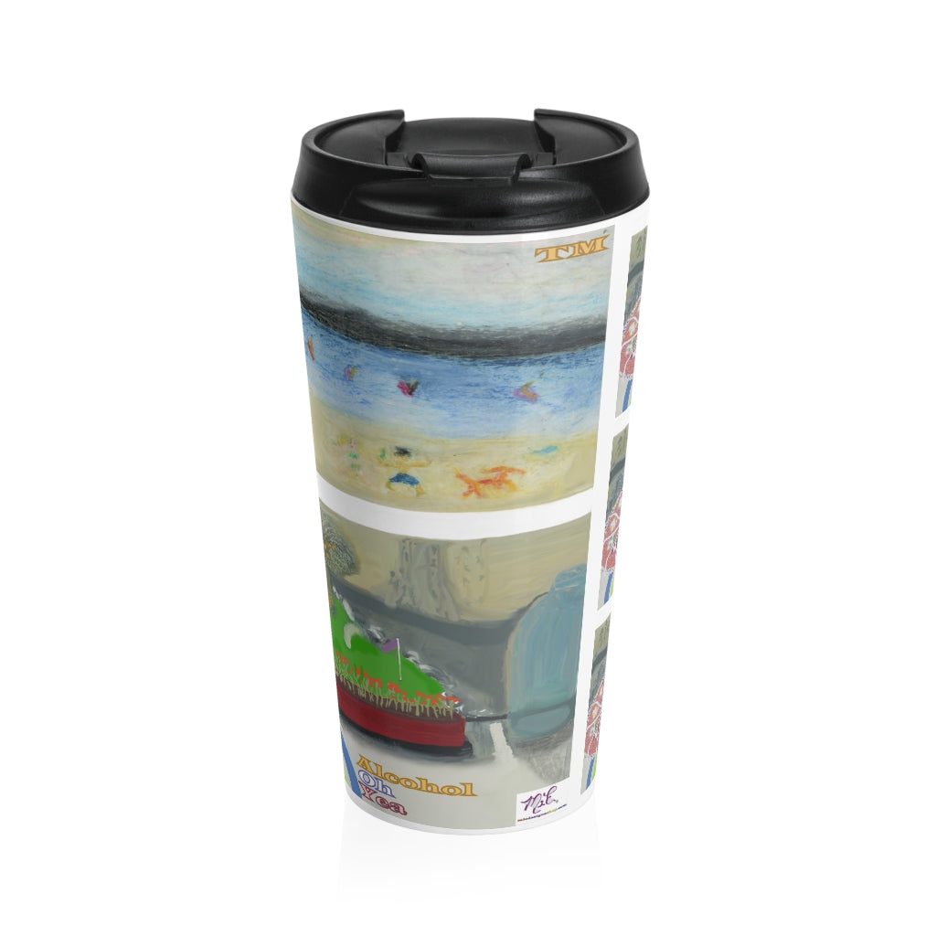 Stainless Steel Travel Mug: Alcohol Oh Yea(tm) - MiE Designs Shop. Unseen drinker on balcony views putting green and beach below.