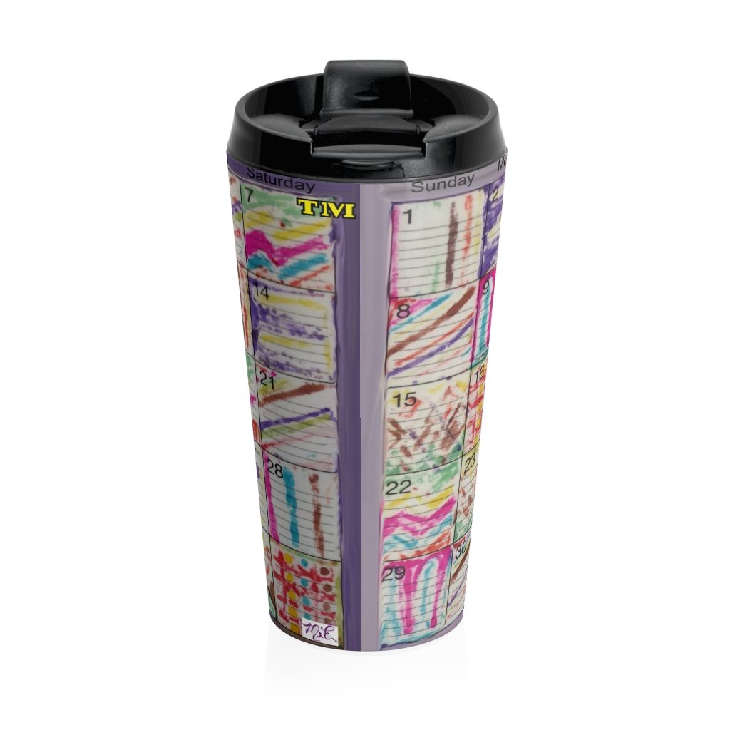 Stainless Steel Travel Mug: Psychedelic Calendar(tm) - Seeped - No Text - MiE Designs Shop. 7 multicolor alternating mazes contrasted throughout calendar days. Back view