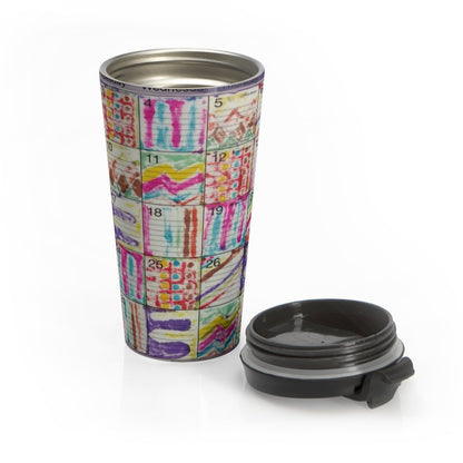 Stainless Steel Travel Mug: Psychedelic Calendar(tm) - Seeped - No Text - MiE Designs Shop. 7 multicolor alternating mazes contrasted throughout calendar days. Lid off