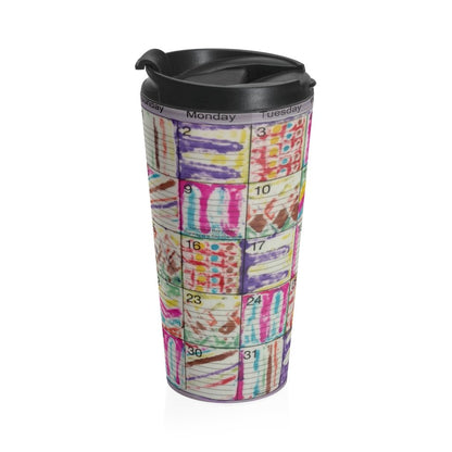 Stainless Steel Travel Mug: Psychedelic Calendar(tm) - Seeped - No Text - MiE Designs Shop. 7 multicolor alternating mazes contrasted throughout calendar days. Left view